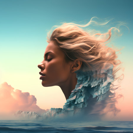 Beautiful woman with hair blowing in the wind. 3d renderingの素材