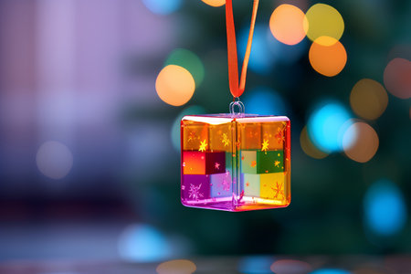 Colorful gift box hanging on Christmas tree with bokeh backgroundの素材