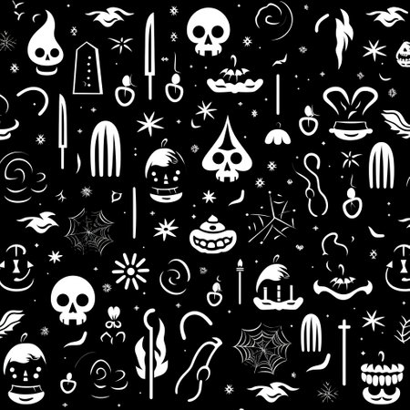 Seamless pattern with Halloween symbols on black background. Vector illustration.の素材