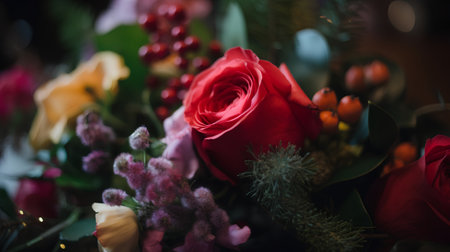 Beautiful bouquet of red roses on a dark background. Close-up.の素材