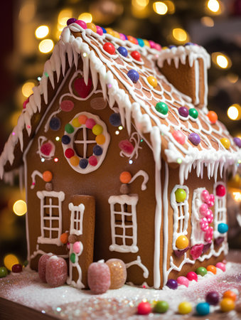 gingerbread house with colorful candies on a background of the Christmas treeの素材