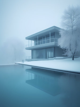 3d render of modern house in winter with lake and trees.の素材