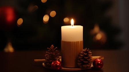 Burning candle and christmas decoration on wooden table with bokeh backgroundの素材