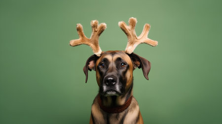 Portrait of a dog with reindeer antlers on green backgroundの素材