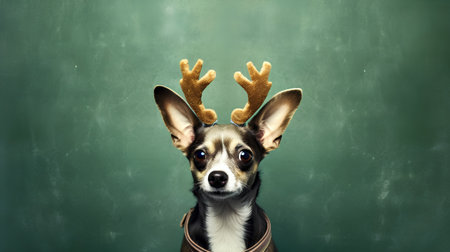 Portrait of cute chihuahua dog with reindeer antlers on green chalkboard backgroundの素材