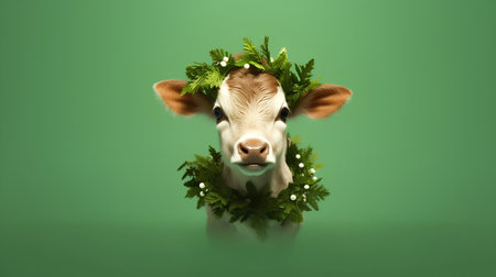 Cow with christmas wreath on head, isolated on green backgroundの素材