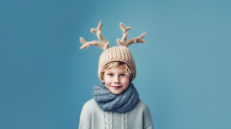 Cute little boy in winter hat and scarf with deer horns on headの素材