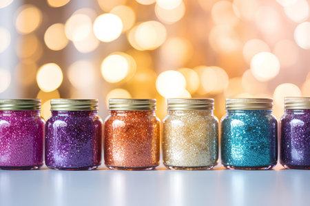 Colorful nail polish in glass jars on bokeh background.の素材