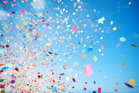 Colorful confetti and ribbons flying in the blue sky.の素材