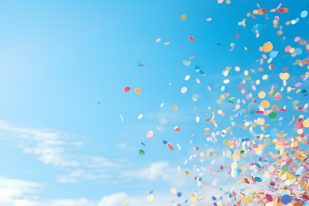 Colorful confetti fly in the blue sky. Abstract background.の素材