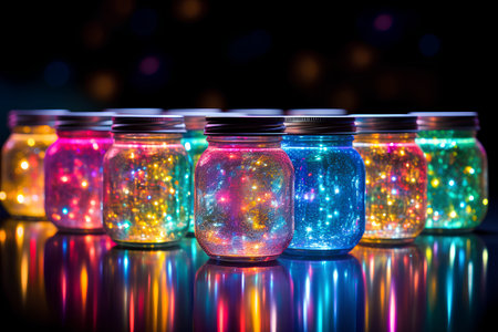 Multicolored glass jars with sparkles on a black background.の素材