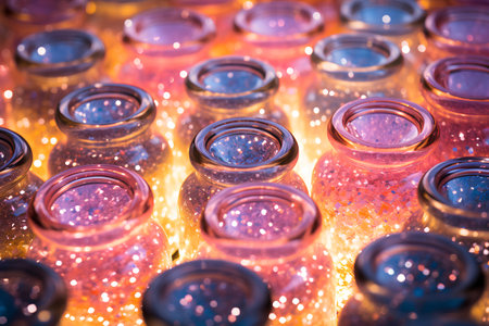 Close-up of small glass bottles with colored lights. Selective focus.の素材