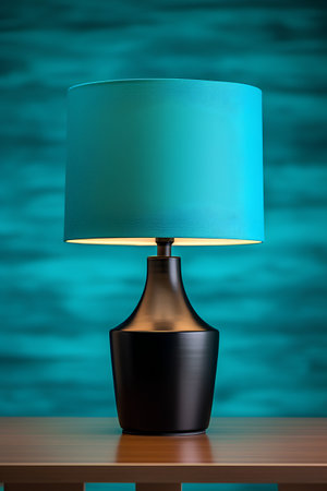 Table lamp on wooden table in front of blue background. 3d renderの素材