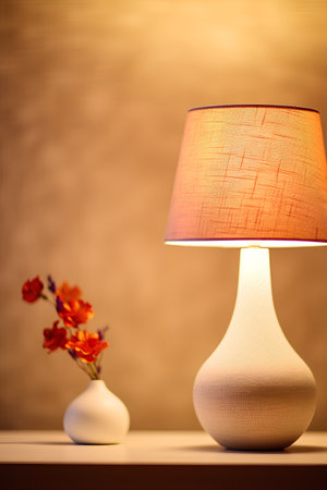 Table lamp with flower vase on the wooden table. Selective focus.の素材