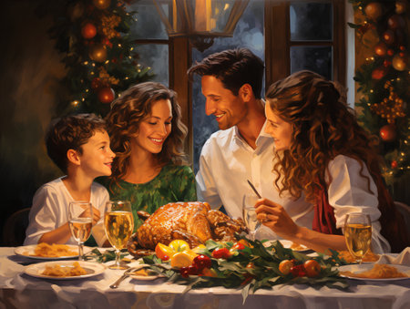 Happy family celebrating Christmas at home in the living room. New Year concept.の素材