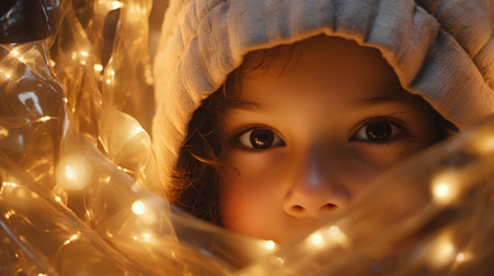 Portrait of a cute little girl in a hood and garland.の素材