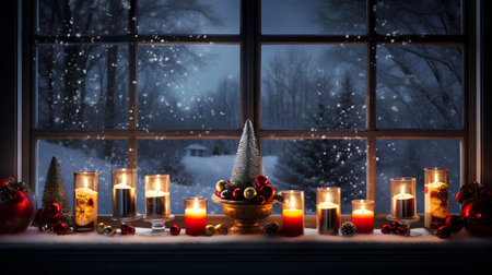 Christmas decoration with burning candles and fir tree on window sill at nightの素材