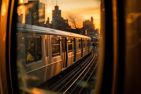 NYC subway train at sunset.の素材