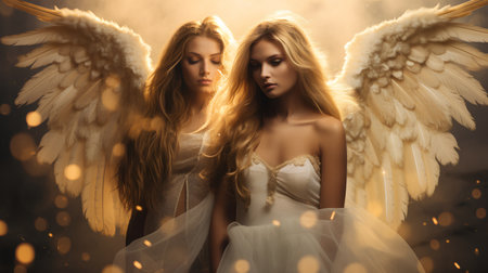 Two beautiful angels with white wings. Valentine's Day. Love.の素材
