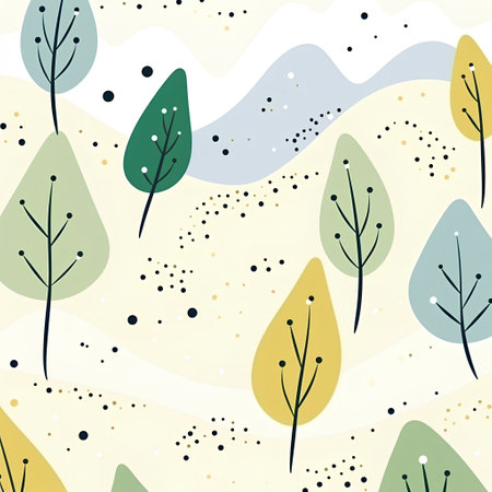 Seamless pattern with hand drawn trees and dots. Vector illustration.の素材
