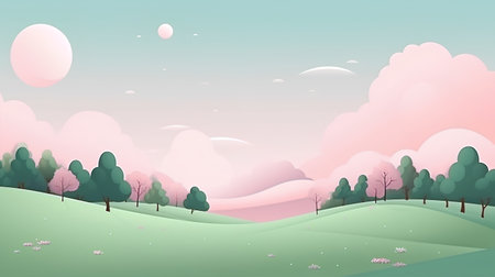 Vector illustration of a beautiful landscape with trees and hills in pastel colorsの素材