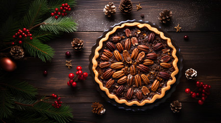 Pecan Pie on dark wooden background, top view. Traditional christmas dessert.の素材