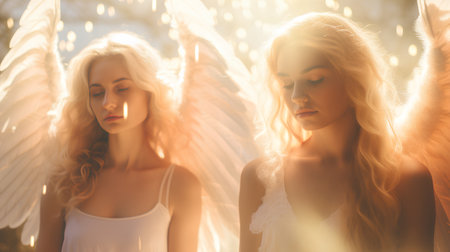 Two beautiful young women with angel wings in the rays of light.の素材