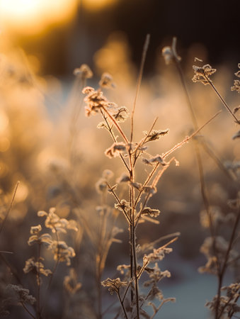 Frosted grass in the sunlight at sunset. Beautiful winter background.の素材