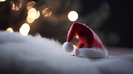 Santa Claus hat on white snow with bokeh lights background.の素材