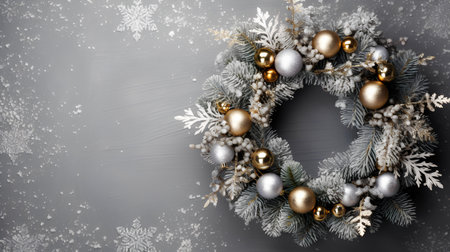 Christmas greeting card. Wreath with golden and silver baubles and snowflakes on gray background. Top view. Copy space.の素材