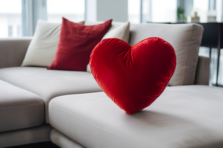 Red heart pillow on sofa in living room. Valentine's day conceptの素材
