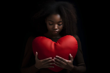 Beautiful african american woman holding red heart on black backgroundの素材