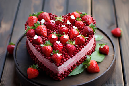 Heart-shaped cake with fresh strawberries on a dark wooden background.の素材