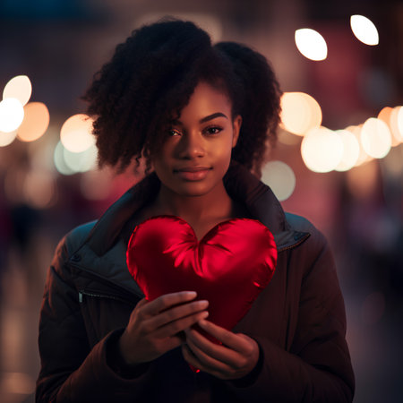 Beautiful african american woman holding red heart shape at nightの素材