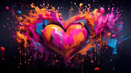Colorful paint splashes in shape of heart isolated on black backgroundの素材