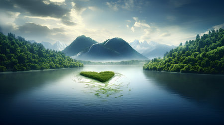 Heart shaped island in the middle of a lake with mountains in the backgroundの素材