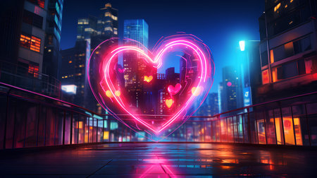 Glowing neon heart on city background. Love concept. 3D Renderingの素材
