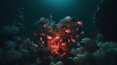 Underwater scene with coral reef and tropical fish. 3d renderの素材