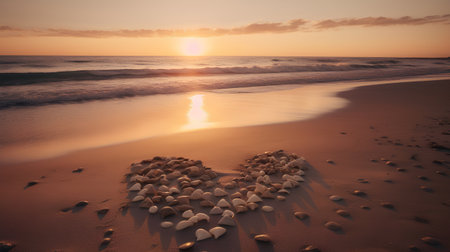Heart shaped stones on the beach at sunset. Valentines day backgroundの素材