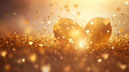 Two golden eggs with hearts on golden bokeh background. 3D illustrationの素材