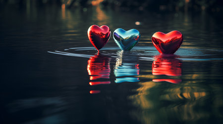 Valentine's Day background. Red and blue hearts in waterの素材