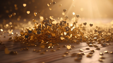 Golden crowns with hearts on wooden background. 3d render illustrationの素材