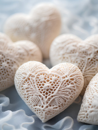 White knitted hearts on a blue background, close-up.の素材