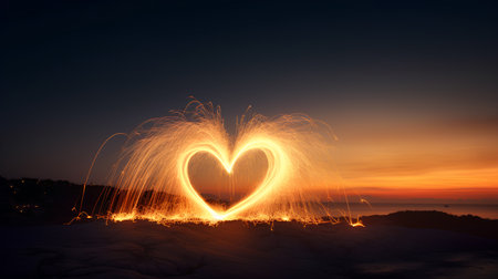 Heart shape made of sparks on the top of the mountain at sunsetの素材