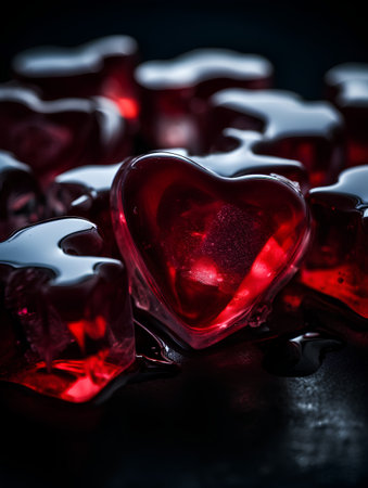 Red heart-shaped ice cubes on black background. Valentine's day concept.の素材