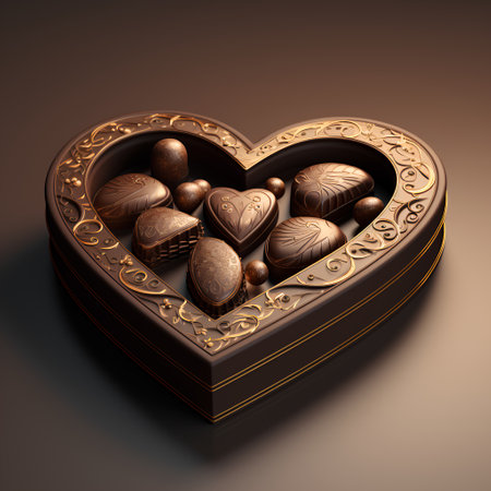 Chocolate heart in a box on a dark background. 3d renderingの素材