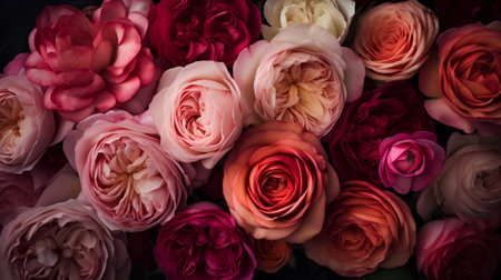 Beautiful pink and white roses as a background. Top view.の素材