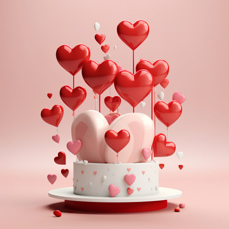 3d render of Valentine's Day cake with red hearts on pink backgroundの素材