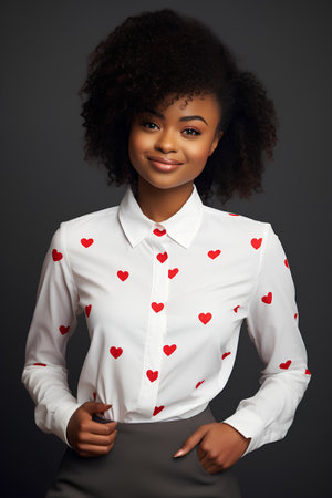Beautiful young african american woman with afro hairstyle wearing white blouse and red heartsの素材