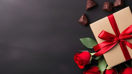 Gift box with red ribbon and roses on black background. Top view with copy spaceの素材